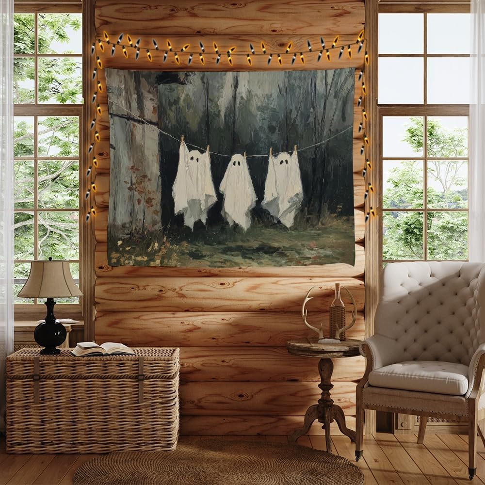 Vintage Halloween Tapestry Funny Ghosts on Clothesline Tapestry Wall Hanging Farmhouse Gothic Room Decor Spooky Ghost Prints for Dark Academia Halloween Party House Decoration Tapestries 60x80inch