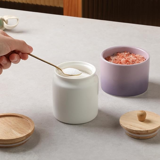 Sweejar Ceramic Kitchen Canisters, Porcelain Food Storage Jar with Airtight Seal Wooden Lid, Home Container Serving for Coffee Beans, Tea-leave, Sugar, Salt and More (White, XS(6.8 FLOZ))