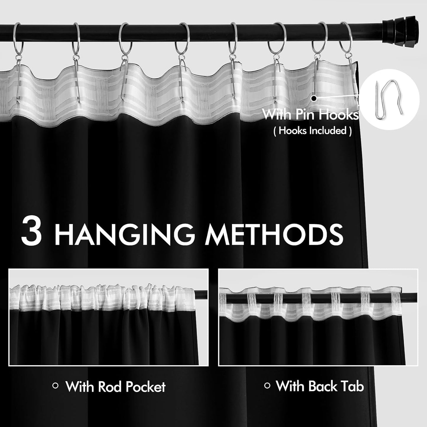 MIULEE Back Tab Blackout Curtains 92 Inch Long 2 Panels Set for Living Room Bedroom, Halloween Black Rod Pocket/Pinch Pleated Thermal Insulated Room Darkening Light Blocking Floor to Ceiling Drapes