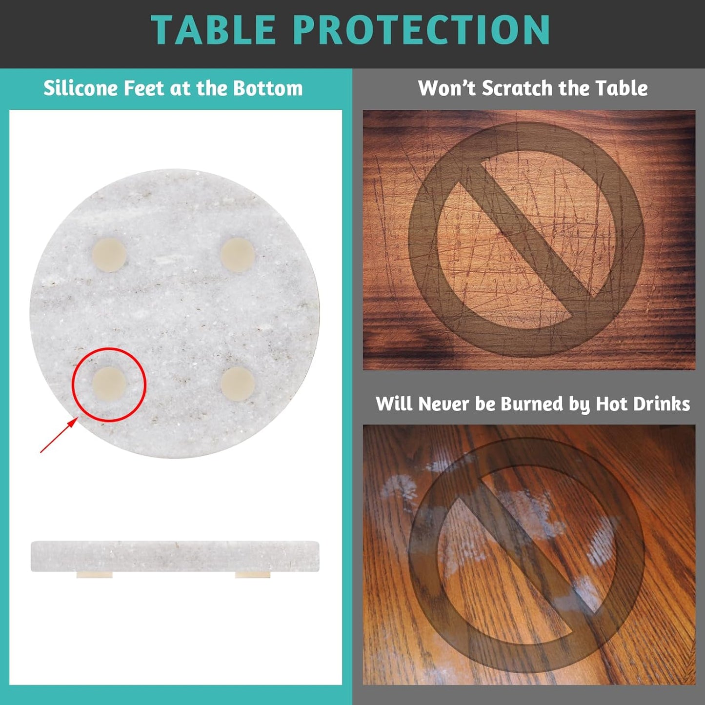 Light Gray Marble Coasters with Bling Particles Set of 4 - Natural Marble Stone Drink Coaster with Protective Silicone Feet, 4 inch Diameter, 0.4 inch Thick - Heat-Resistant Coasters for Coffee Table