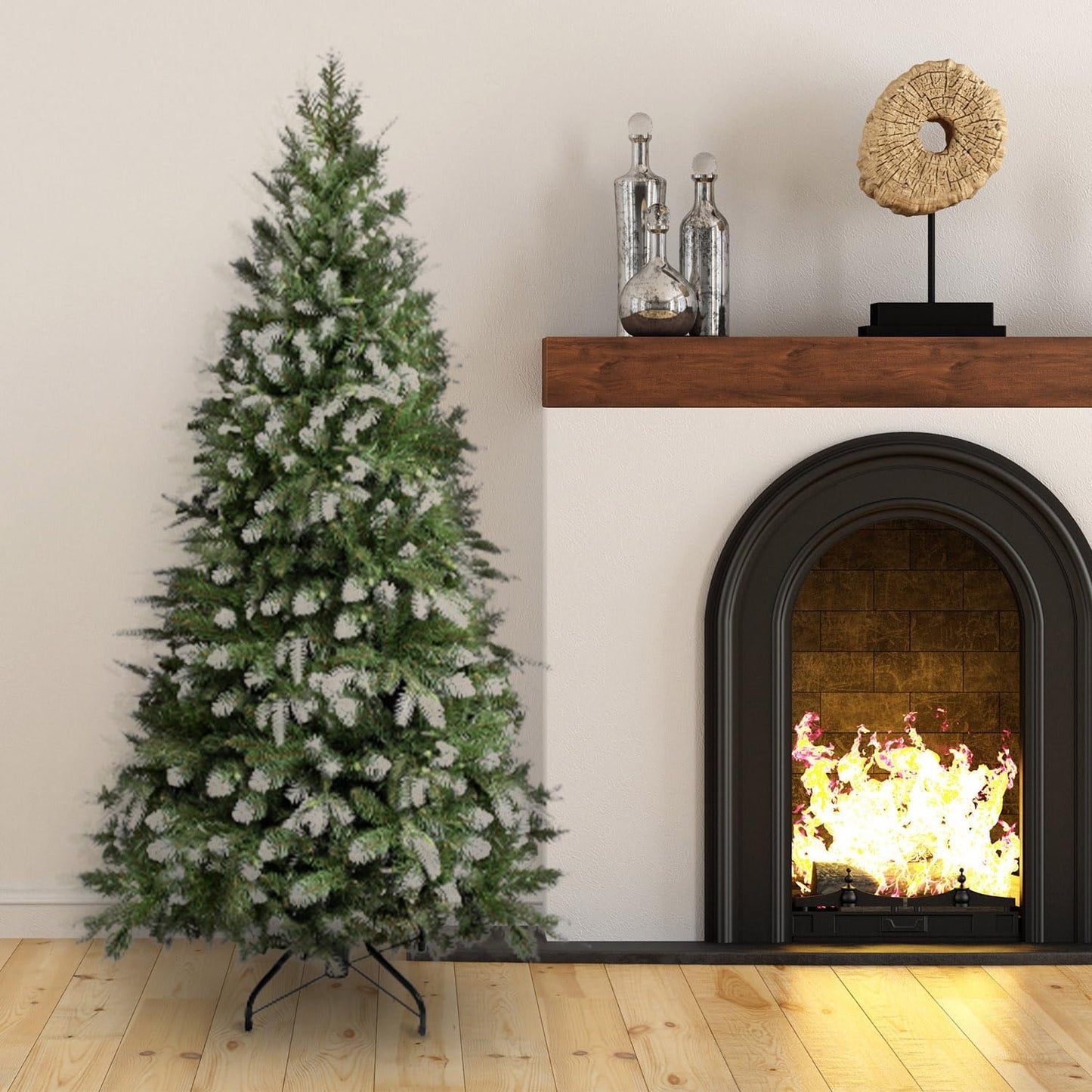 Naomi Home 4.5ft White Tip Christmas Tree with Lights, Realistic Light Snow Flocked Fir Prelit with 679 Branch Tips, 200 Warm Lights and Metal Stand, Aritificial Tree