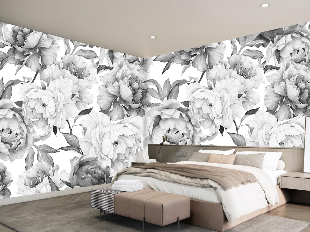 Gray Peonies Wallpaper Watercolor Floral Mural Wallpaper for Nursery(Not Peel n' Stick)