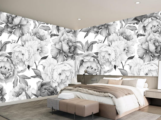 Gray Peonies Wallpaper Watercolor Floral Mural Wallpaper for Nursery(Not Peel n' Stick)