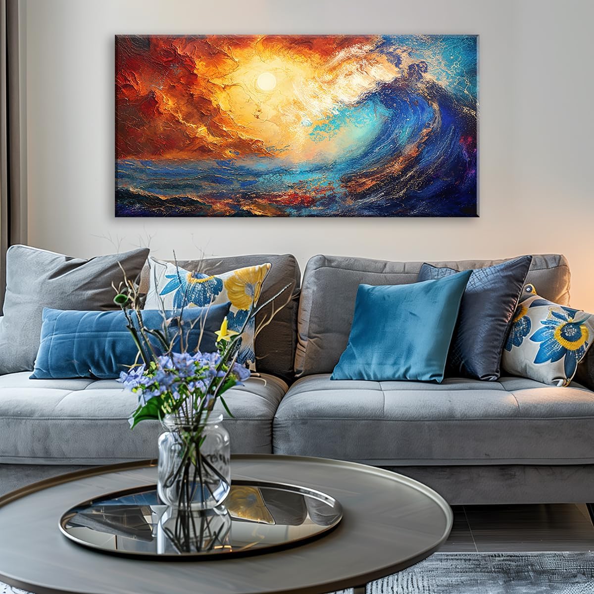 LASMOND Abstract Ocean Wall Art for Living Room Beautiful Blue Sea Wave Seawater Colorful Sky Landscape Wall Art Decor Artwork Bedroom Office (58x28 Inches)