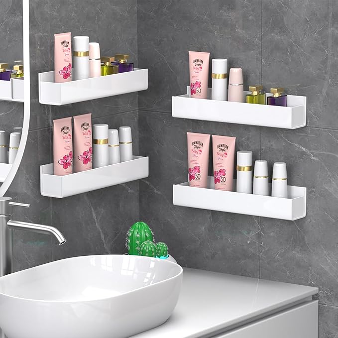 PMMASTO Adhesive Acrylic Spice Rack Organizer for Wall with Nano Double Sided Tape, Spice Shelf Organization for Kitchen Cabinet Door/Pantry Door, Wall Mount Seasoning Rack (White - 4 Pack)