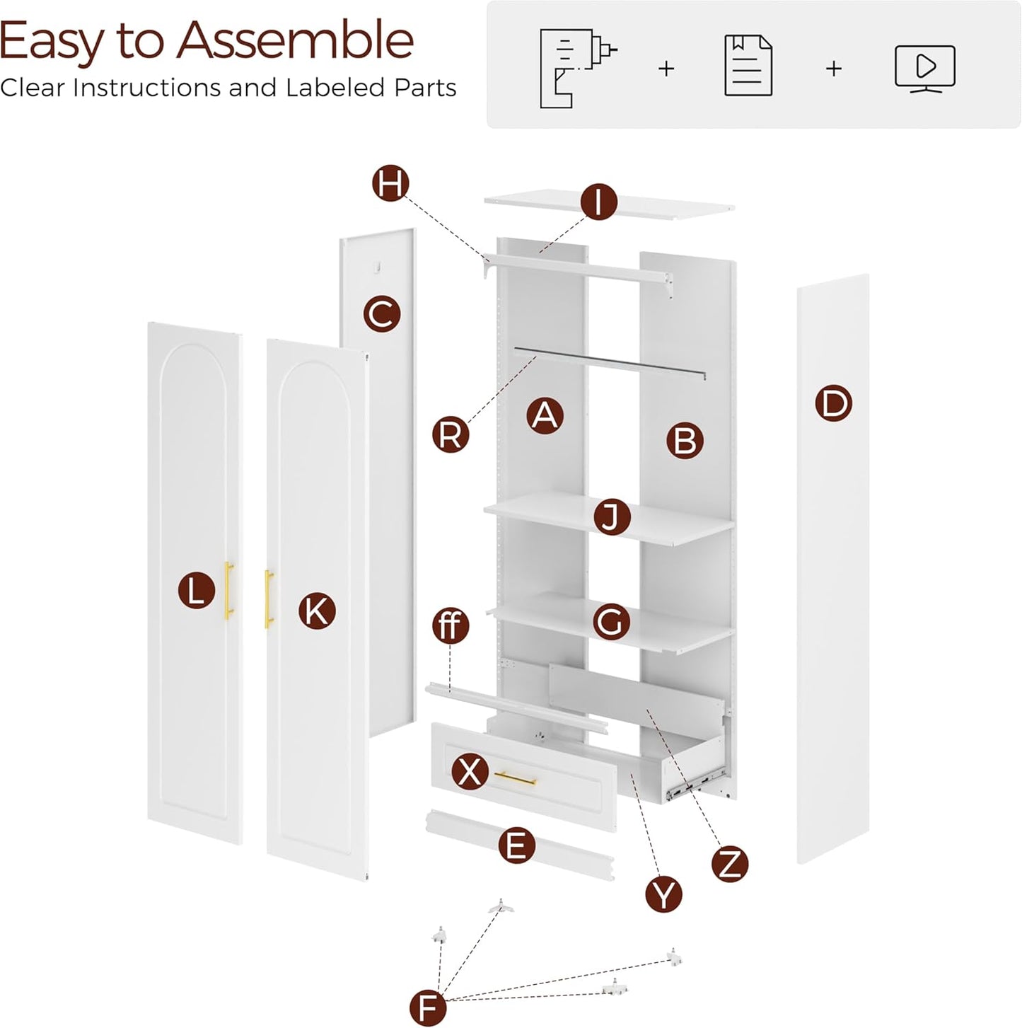 Metal Armoire Wardrobe Closet with 2 Doors, 71" Tall Wardrobe Cabinet with Hanging Rod, Drawers and Adjustable Shelves, White Clothing Storage Cabinets for Bedroom, Home Office