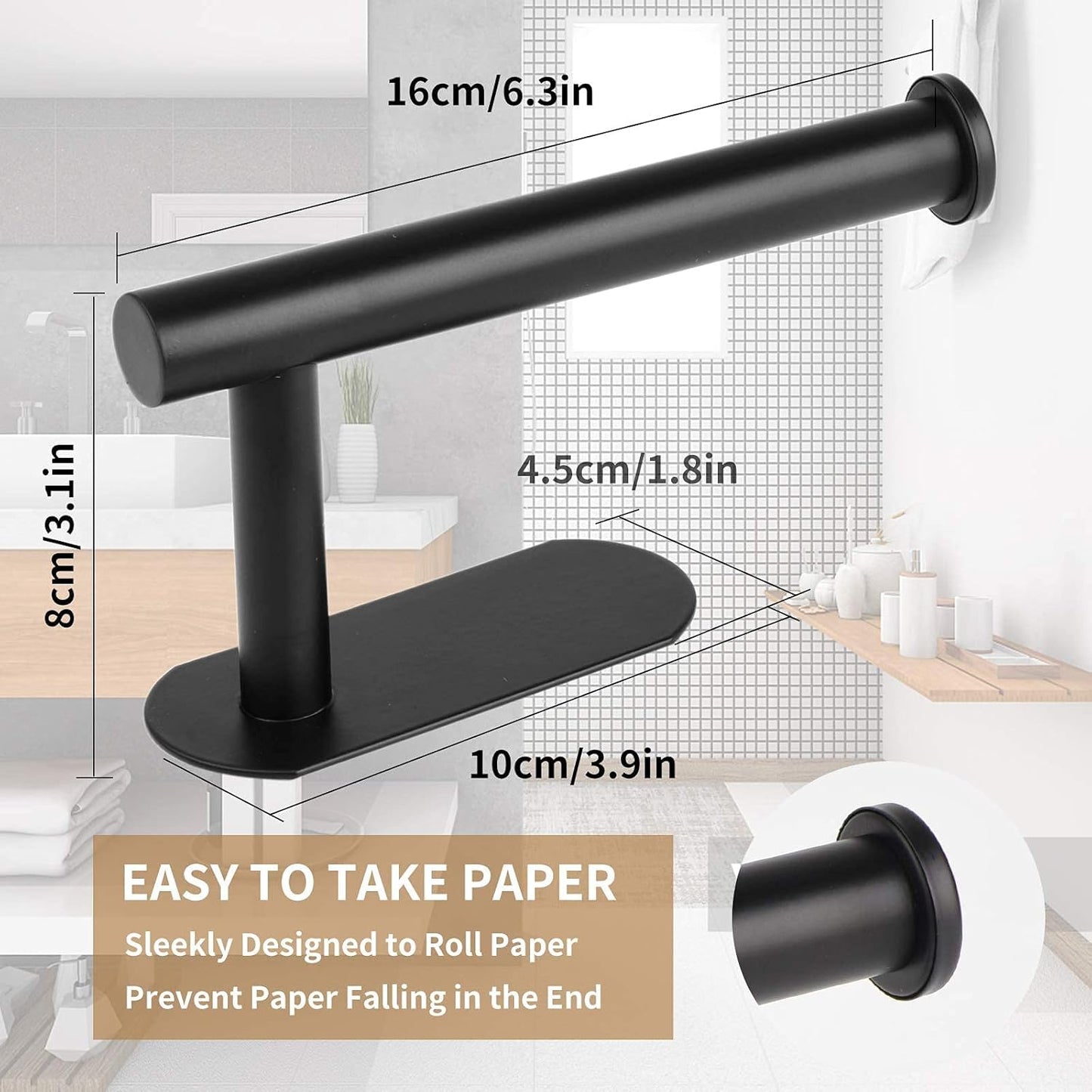Toilet Paper Holder,Adhesive,Matt Black,Wall Mount,Toilet Paper Roll Holder,no Drilling,Bathroom/Rv/Washroom, SUS 304 Stainless Steel, Rustproof (Black, 1 Piece)