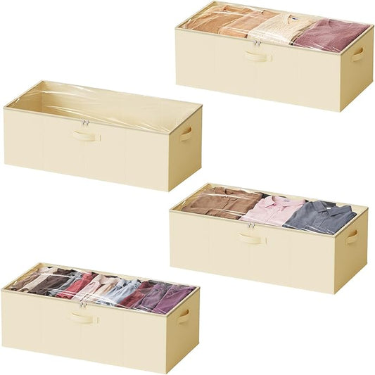 SpaceAid 4 Pack 10" High Under Bed Storage Containers, Large Underbed Storage Organizer Bins with Lids for Bedroom, Dorm, Clothes, Closet Organization, Bed Sheets and Blankets (Beige)