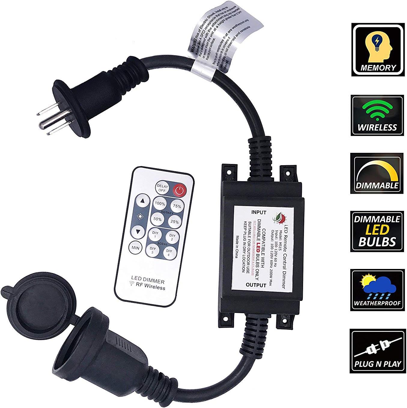 Max Power 200W Waterproof Outdoor String Lights Wireless Remote Control, 150Feet Range, Memory, Stepless Dimming, IP68 Waterproof. UL 3 Prong Remote Control Dimmer