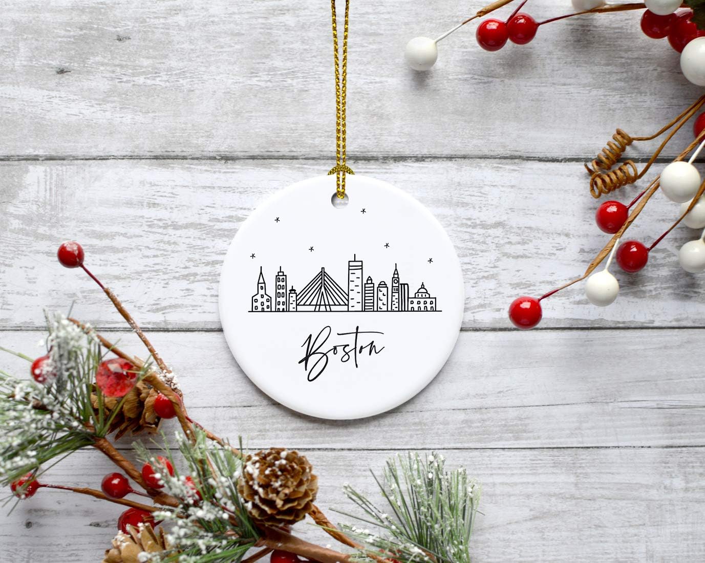 Andaz Press Round Ceramic Porcelain Christmas Tree Ornament Keepsake, Boston Black and White Stars City Skyline Graphic, 1-Pack, Birthday Gift Idea for Family, Coworker, Him, Her, Includes Gift Box
