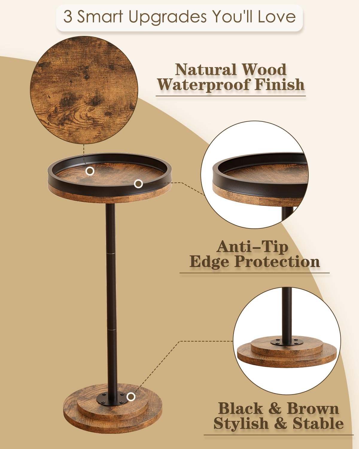 Masupu Drink Table, Round Side Table for Small Spaces, Pedestal Small End Table with Metal Base, for Living Room, Bedroom, Bathroom, Rustic Brown+Black(Lip)