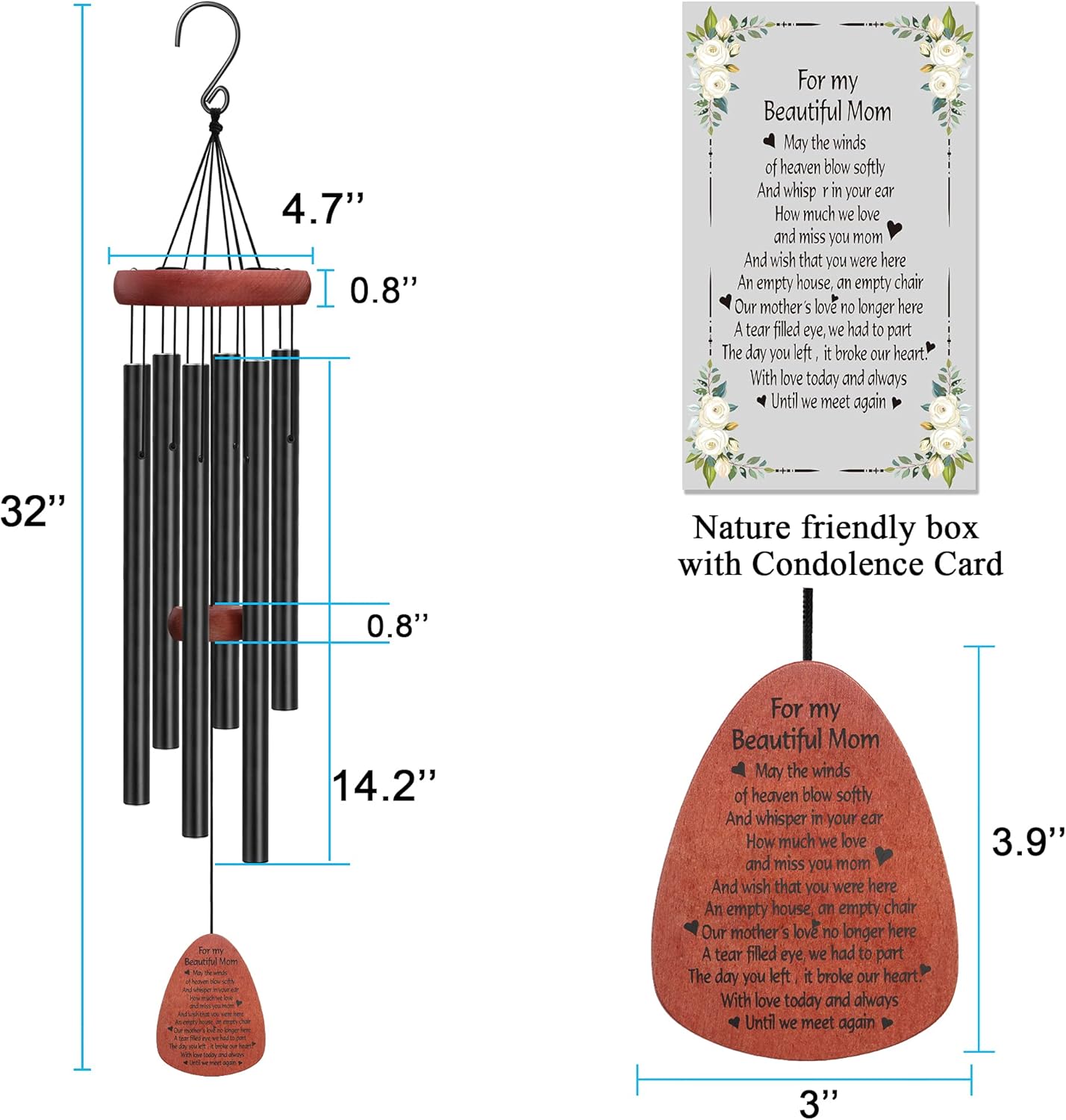 Memgift Memorial Wind Chimes for Outside – Sympathy Gift for Loss of Mother, Outdoor Yard Keepsake Wind Chime in Memory of Mom