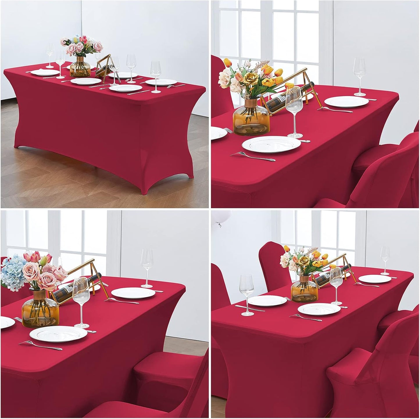 CWK 4FT Waterproof Stretch Spandex Table Cover for Rectangular Tables - Elastic Fitted Tablecloth for Folding Tables,Wrinkle Resistant Table Cloth for Parties, Weddings, Banquets & Events(Apple Red)