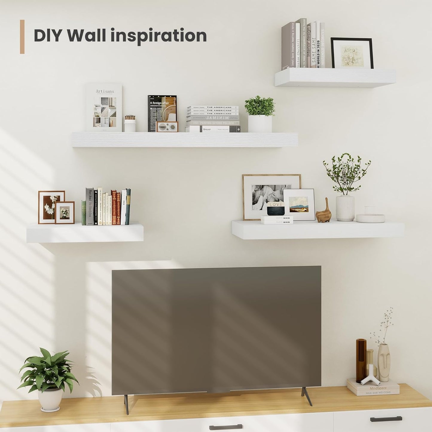 Heimlove 12 Inch Deep Floating Shelves, 48 x 12 inches Long Wall Shelf, Large Display Shelf & Storage Shelf, Rustic Wood Wall Shelves for Fireplace Mantel, Set of 2(White)