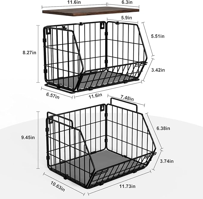 Wetheny 2 Tier Stackable Wall Mounted Wire Basket Fruit Basket with Wood Lid - Kitchen Pantry Organization and Storage, Hanging Storage Basket for fruits, Onion, Potato, Produce, Vegetable (Black)