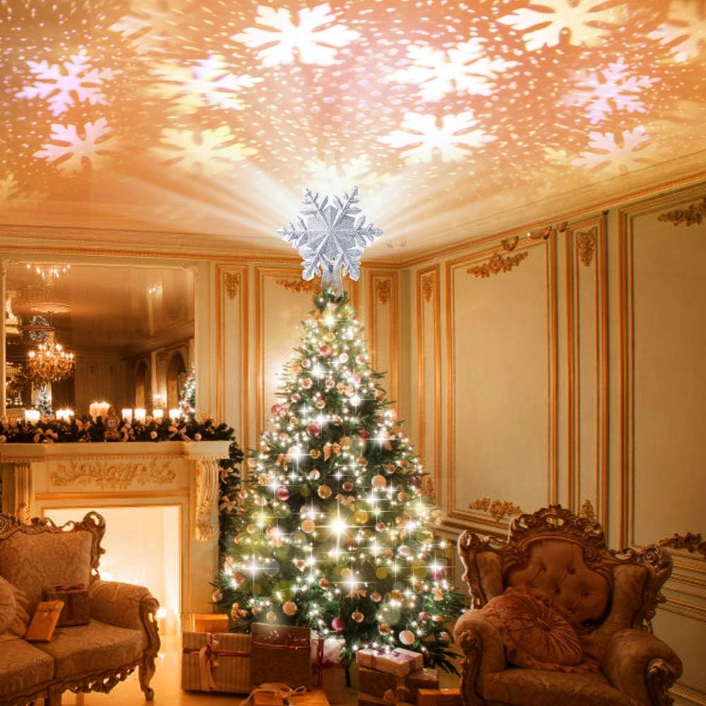 Snowflake Christmas Tree Toppers Lighted, with LED Rotating Snowflake Projector Lights for Indoor Outdoor Christmas Tree Decorations (Silver)