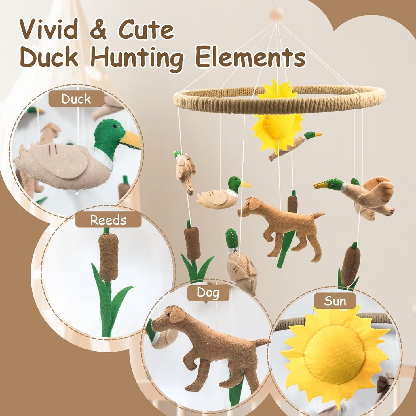 Baby Mobile for Crib Mallard Duck Baby Crib Mobile for Boys Girls Handmade Felt Dog Nursery Decor Duck Hunting Decor Infant Toddler Room Hanging for Bassinet Gender Neutral Newborn Gift