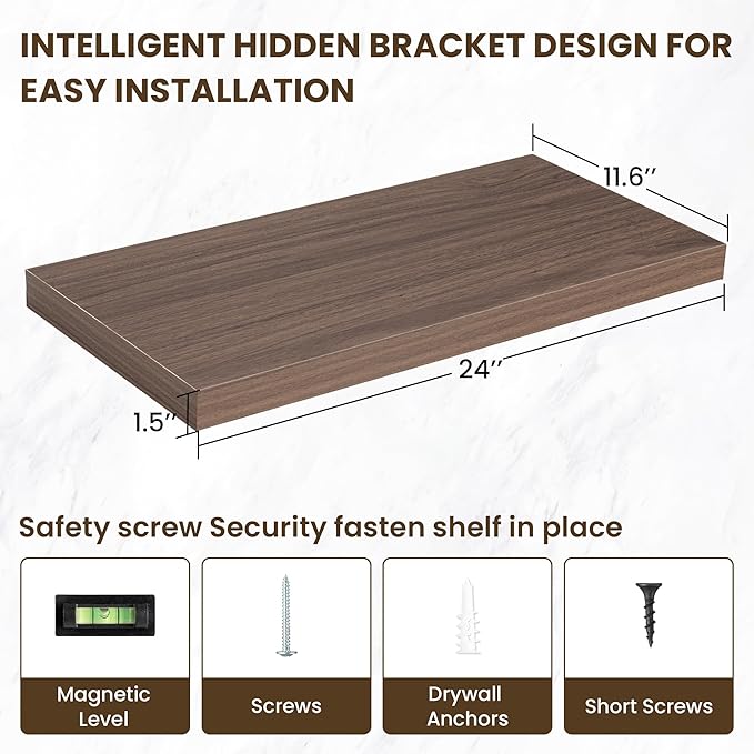 24 Inch Floating Shelves, 11.6 Inch Deep Floating Shelves for Wall, Floating Shelf with Invisible Brackets, Deep Shelves for Bathroom, Bedroom, Living Room, 2 Pack, Walnut