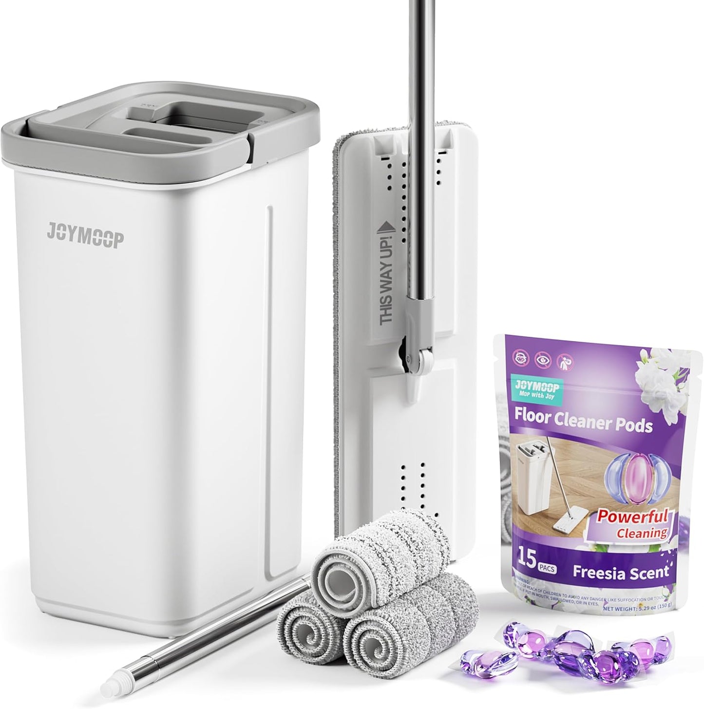 JOYMOOP Mop and Bucket with Wringer Set and Floor Cleaner Pods, Flat Floor Mop with 3 Reusable Microfiber Pads, Wet and Dry Use, Freesia Scent Pack of 15 Pacs for Floor Cleaning