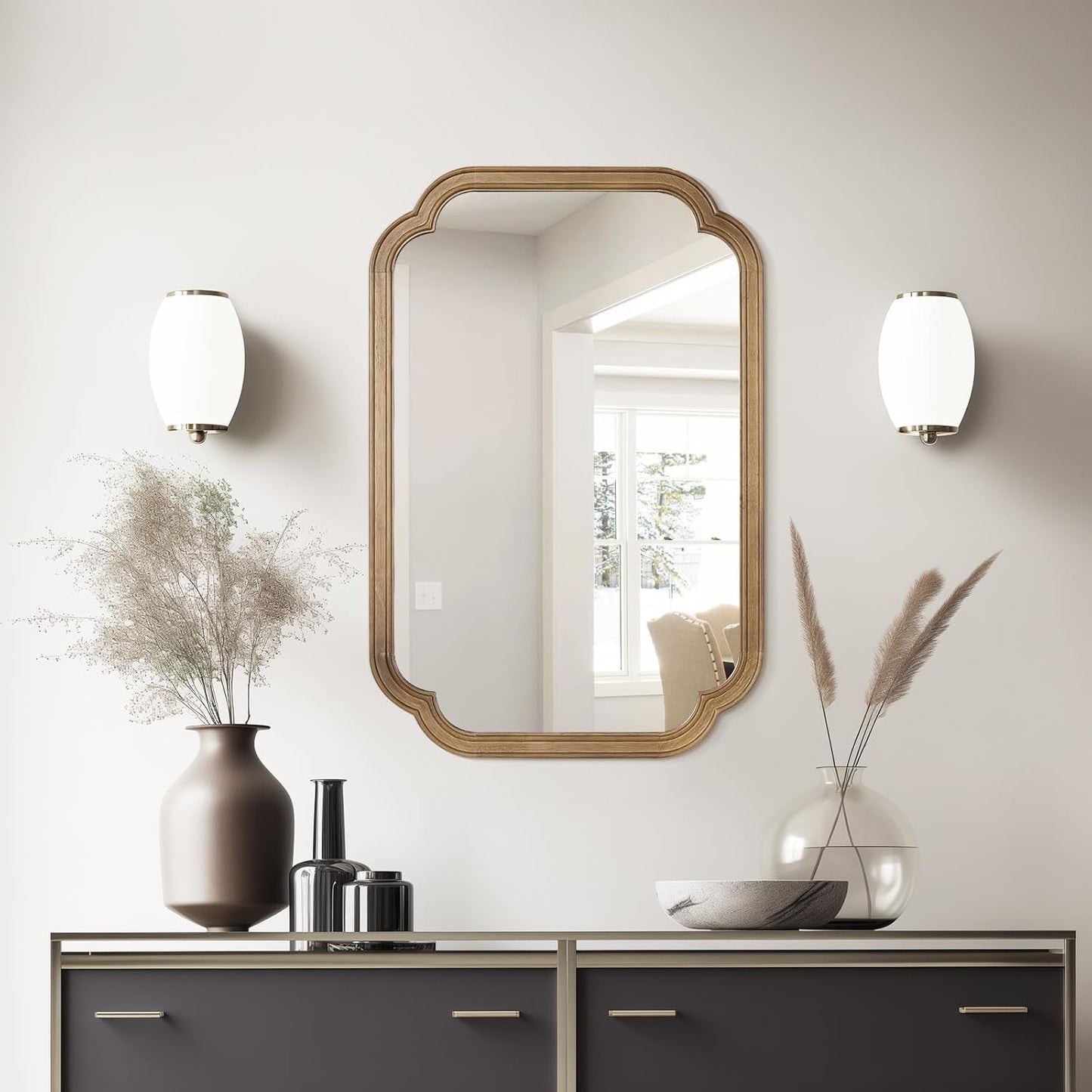 WallBeyond 20" x 30" Rounded Corner Arch Wall Mirror with Wood Frame for Entryway, Living Room or Bedroom Home Decor - Light Woodgrain, Honey-Colored