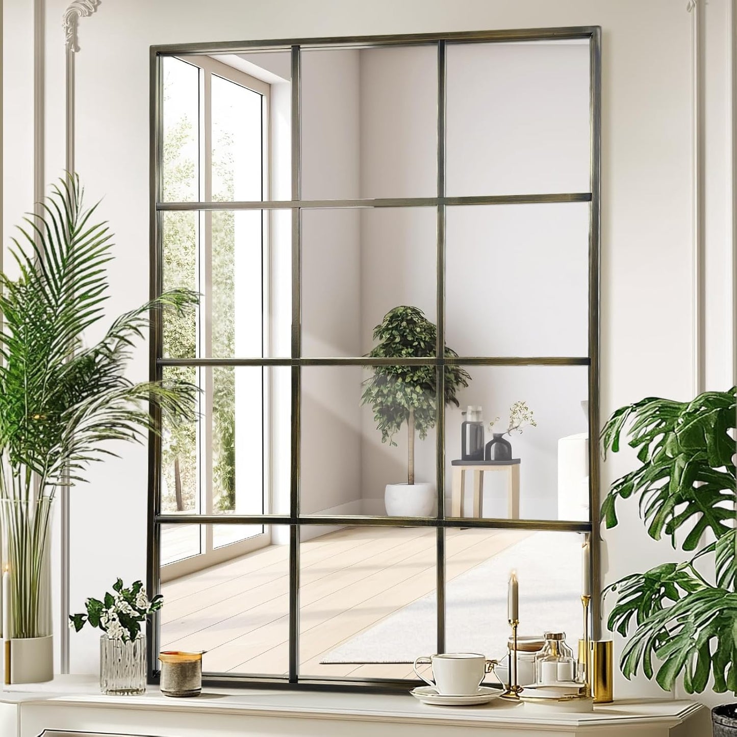 Windowpane Wall Mirror 30"x40" Bronze Wall Mounted Art Pane Mirror Farmhouse Decorative Mirror Leaning Hanging Wall Mirror for Bedroom Living Room Entrance Hallway Wall Decor