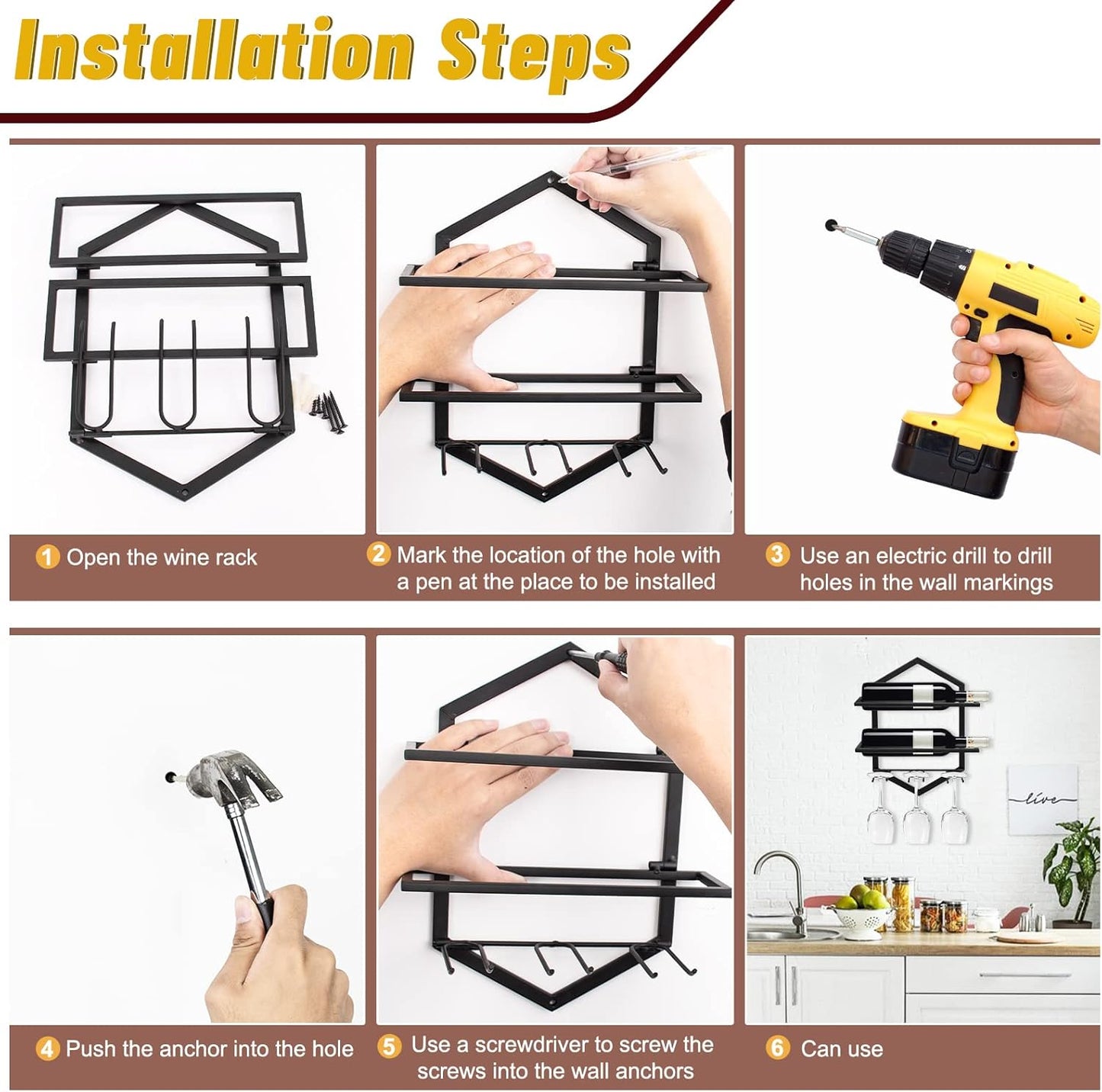 Wall Mounted Wine Stemware Rack, Metal Hanging Wine Glass Display Holde Holds 3 Cups 2 Bottles, Elegant Storage for Kitchen Dining Room Bar Wine Cellar (Black 1)