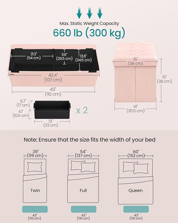 SONGMICS MAZIE Collection - Storage Ottoman Bench, Foldable Foot Rest, 15 x 43 x 15 Inches, End of Bed Bench, Storage Chest, Load 660 lb, Living Room, Bedroom, Entryway, Jelly Pink ULSF604R01