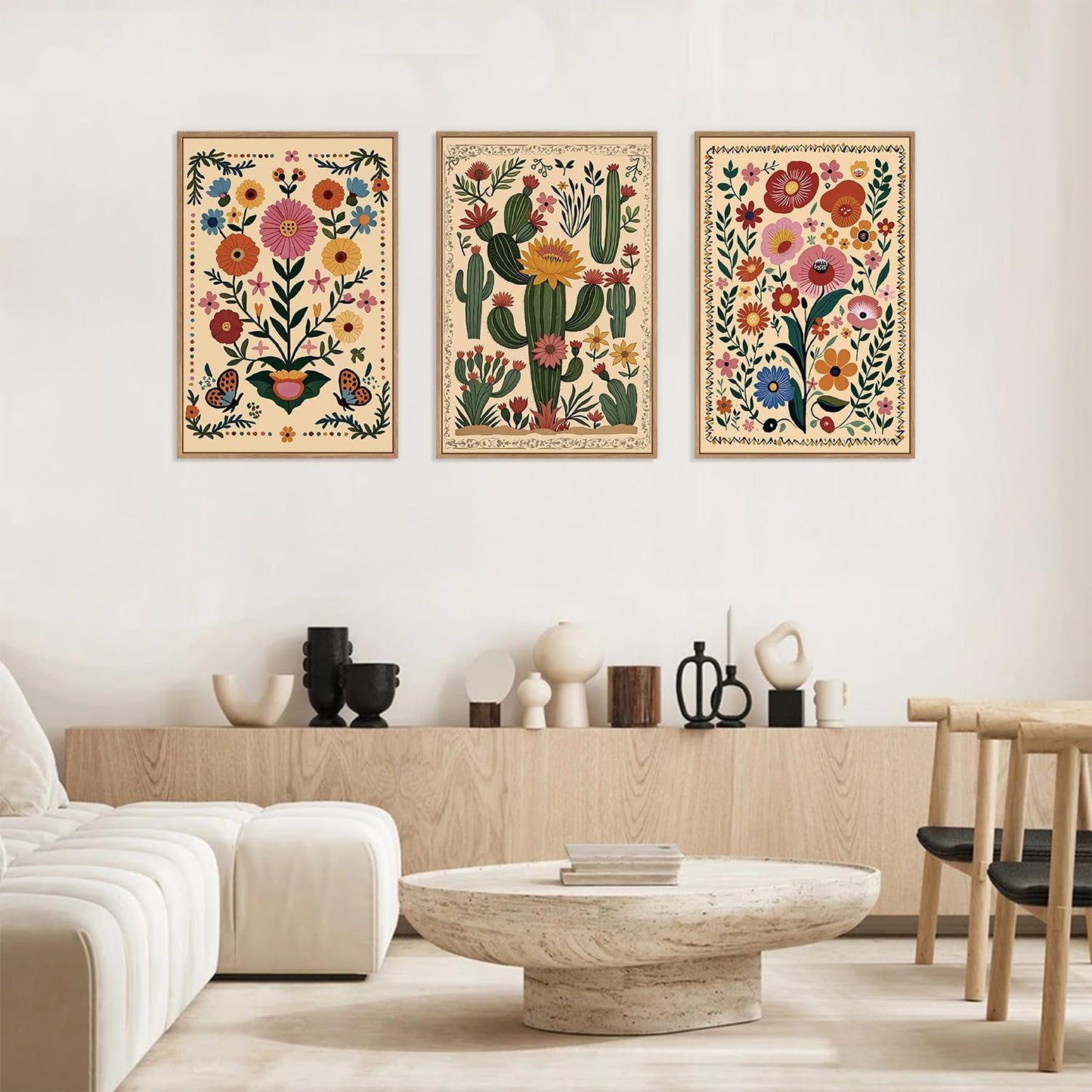 HLNIUC Vintage Flower Framed Canvas Wall Art,Colorful Desert Cactus Flower Wall Decor Set of 3(16”x24”)Boho Botanical Floral Butterfly Wall Painting,Large Desert Plant Art Print for Living Room,Office