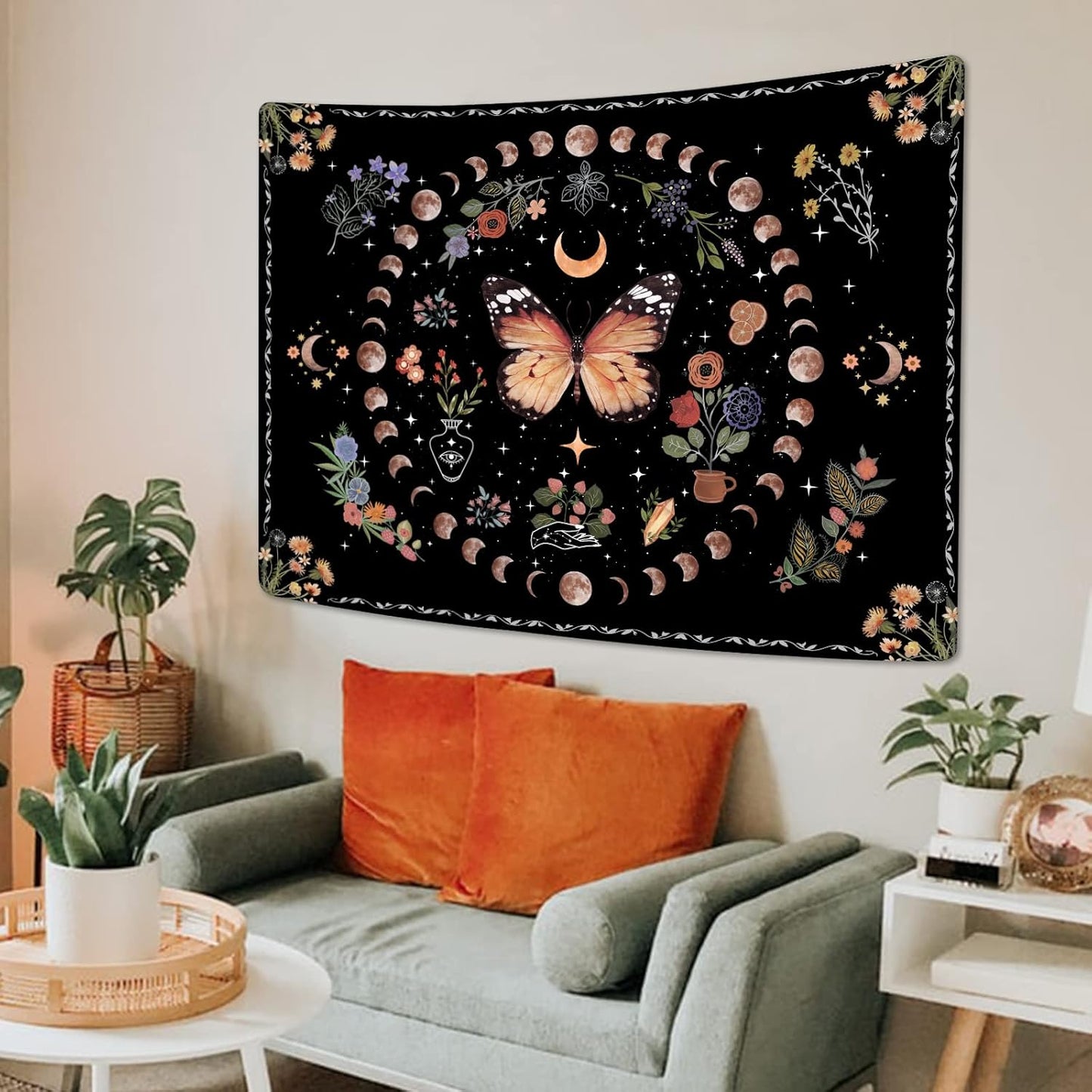 Fowocu Orange Butterfly Moon Flower Tapestry Boho Floral Plant Tapestries for Bedroom Aesthetic Tapastry's Wall Hanging Mandala Botanical Wall Tapestry for Living Room Dorm (Yellow, 60'' × 44'')
