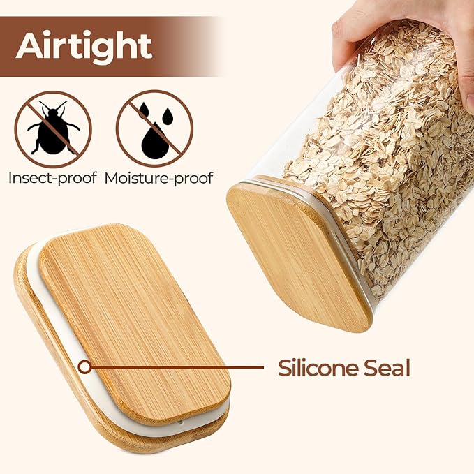 ComSaf 1.8 Qt Rectangle Glass Storage Containers with Lids, Glass Jars with Bamboo Lids, Clear Food Storage Jar, Sugar Coffee Containers, Pantry Storage Container for Pasta Rice Flour Oats Nuts Tea