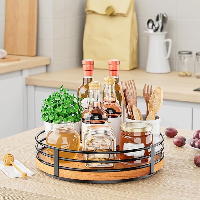 Wood Lazy Susan Turntable Organizer - 11" Round Wooden Lazy Susan for Cabinet Kitchen Countertop Dining Table Pantry Cupboard Bathroom Coffee Bar Spice Storage Home Decor