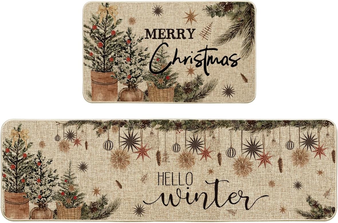 Artoid Mode Holly Ornament Merry Christmas Kitchen Mats Set of 2, Winter Home Decor Low-Profile Kitchen Rugs for Floor - 17x29 and 17x59 Inch
