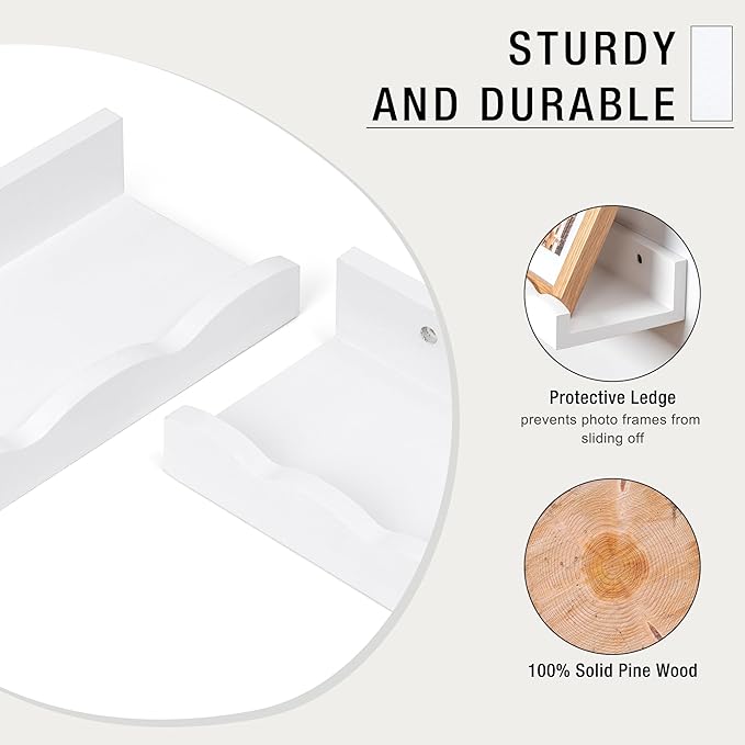 Fun Memories Picture Ledge Shelf for Wall, 24 inch Pine Wood Nursery Book Shelves Set of 2- Wall Book Shelves for Kids Room, Home Decor - Kitchen Spice-White