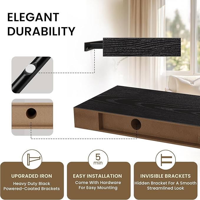 Floating Shelves for Wall, 48" W x 9.3" D x 1.5" H, Wooden Wall Mounted Display Shelves with Invisible Brackets for Living Room, Bedroom, Bathroom, Kitchen Decor and Storage, Set of 1, Black