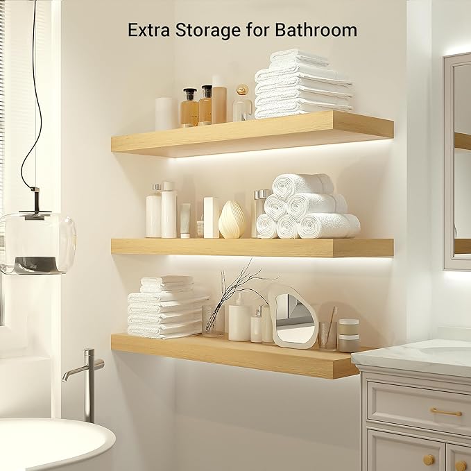 Heimlove 12 Inch Deep Floating Shelves, 48 x 12 inches Long Wall Shelf, Large Display Shelf & Storage Shelf, Rustic Wood Wall Shelves for Fireplace Mantel, Set of 1(Oak)