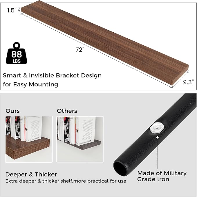 Floating Shelves for Wall, Large Wall Mounted Shelves with Invisible Brackets, Long Wood Floating Shelf for Living Room, Bedroom, Kitchen, (Walnut, 72" W x 9" D x 1.5" H)
