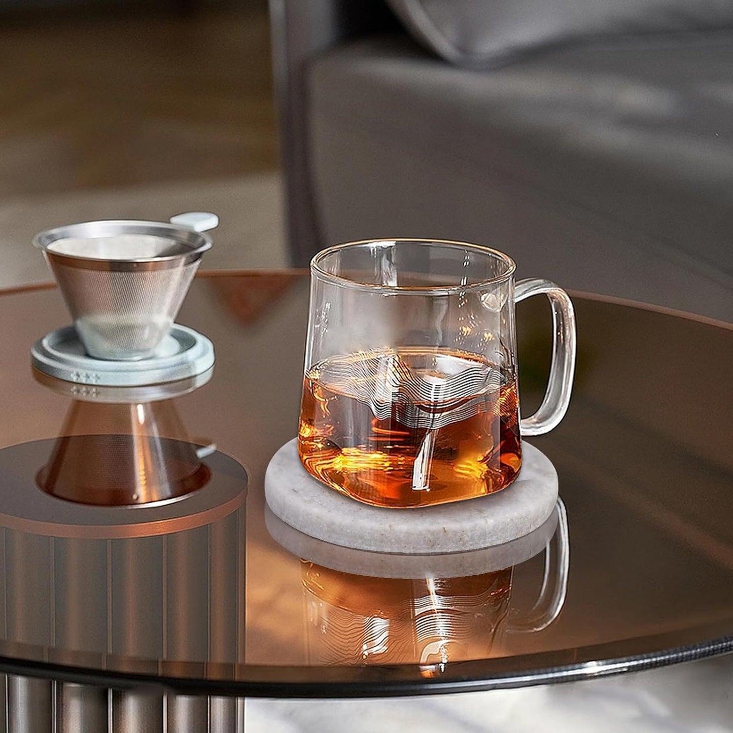 Light Gray Marble Coasters with Bling Particles Set of 4 - Natural Marble Stone Drink Coaster with Protective Silicone Feet, 4 inch Diameter, 0.4 inch Thick - Heat-Resistant Coasters for Coffee Table