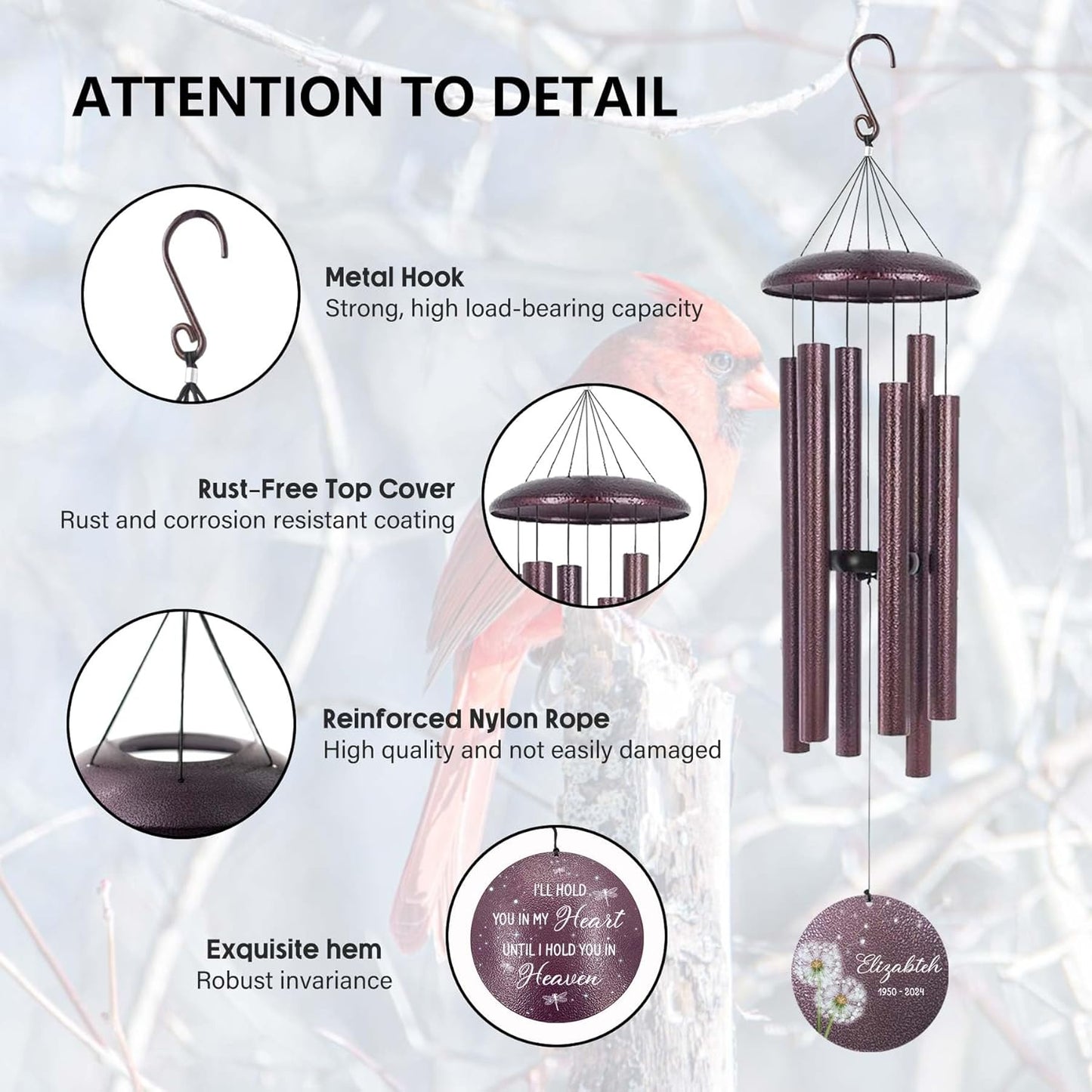 ASTARIN Personalized Memorial Wind Chimes, Customized Sympathy Deep Tone Wind Chime, Grief Gifts for Women Men Husband Wife, Windchimes in Memory of a Loved One Personalized