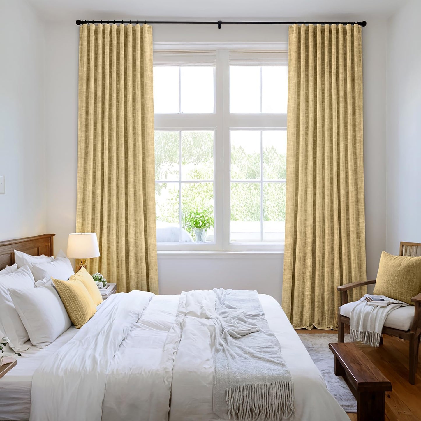 MIULEE Yellow 100% Blackout Linen Curtains 108 Inch 2 Panels Set Double Sided No Coating Pleated Back Tab Black out Extra Long Thermal Insulated Pinch Pleat Bedroom Living Room Darkening Window Drapes