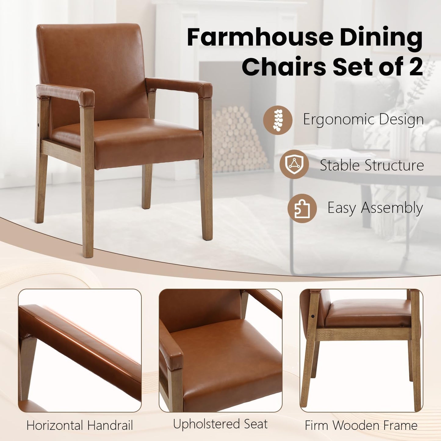 Kmax Modern Dining Chairs Set of 4 Faux Leather Kitchen Arm Chairs Upholstered Accent Chairs with Wooden Legs for Dining Room, Living Room, Bedroom, Brown