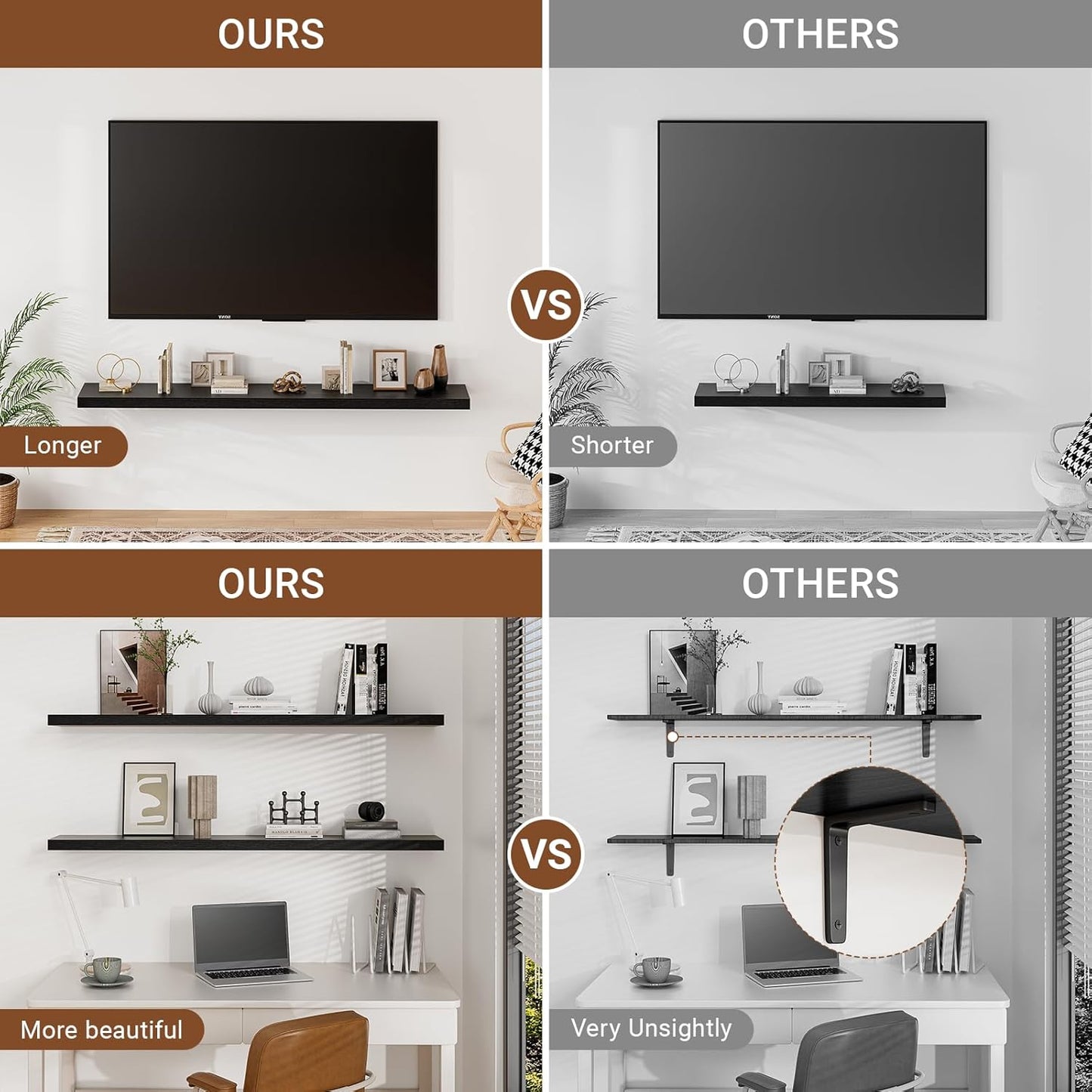 Heimlove Floating Shelves for Wall 36 Inches Long,9.3" Deep Black Floating Shelf Set of 2,Wall Mounted Shelves for Bathroom Bedroom Living Room Kitchen Office,Shelf for Books Storage,Home Decor