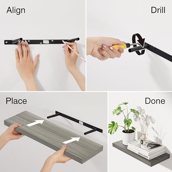 BAYKA Floating Shelves, 22.5" Wall Mounted Wood Shelves for Bathroom, Bedroom, Living Room, Kitchen, Hanging Shelf for Books/Storage/Decor (Grey,Set of 2)