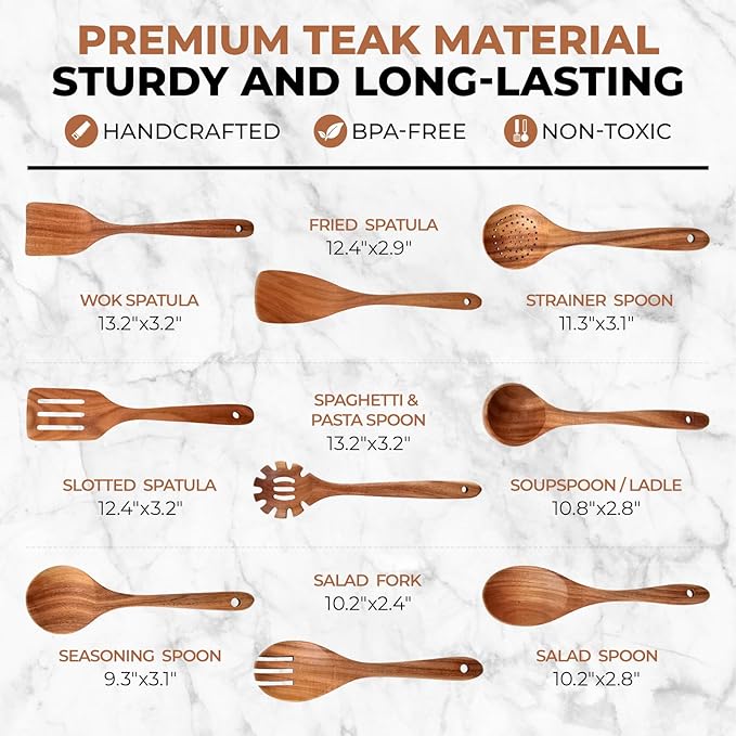 SPATUAMZ Wooden Kitchen Utensils Set, Smooth Finished Wooden Spoons for Cooking, Natural Teak Cooking Utensils Set of 9 for Nonstick Pans and Cookware
