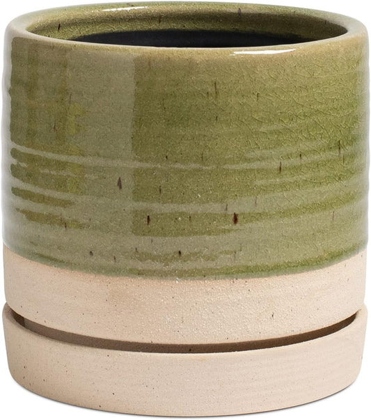 6 Inch Plant Pots, Ceramic Planter Pot with Drainage Hole & Saucer, Indoor/Outdoor Cylinder Round Planter Pot, Green & Beige