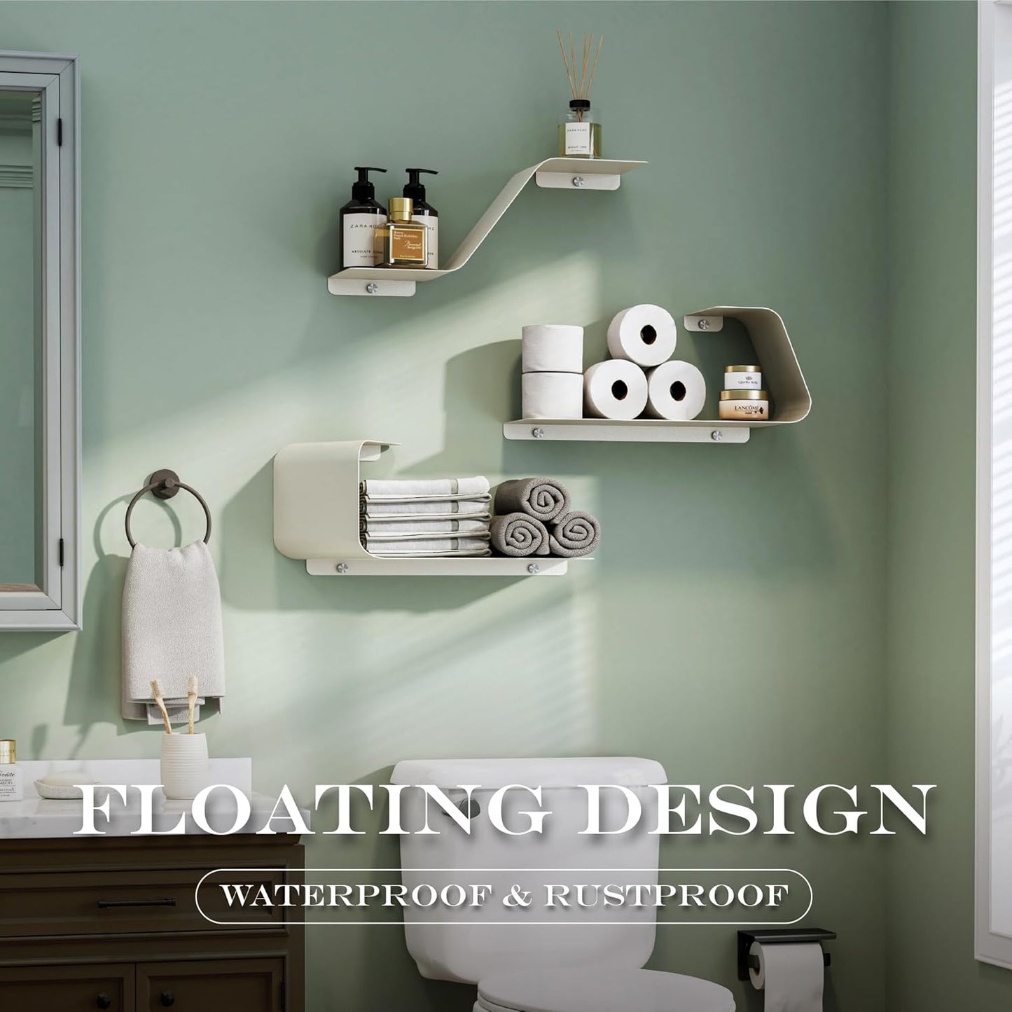 Floating Shelves, Wall Shelf, Set of 3 Wall Mounted Metal Shelves with Unique Design for Wall Storage, Book Shelf, Display Shelves for Bathroom Bedroom Kitchen Living Room for Home White