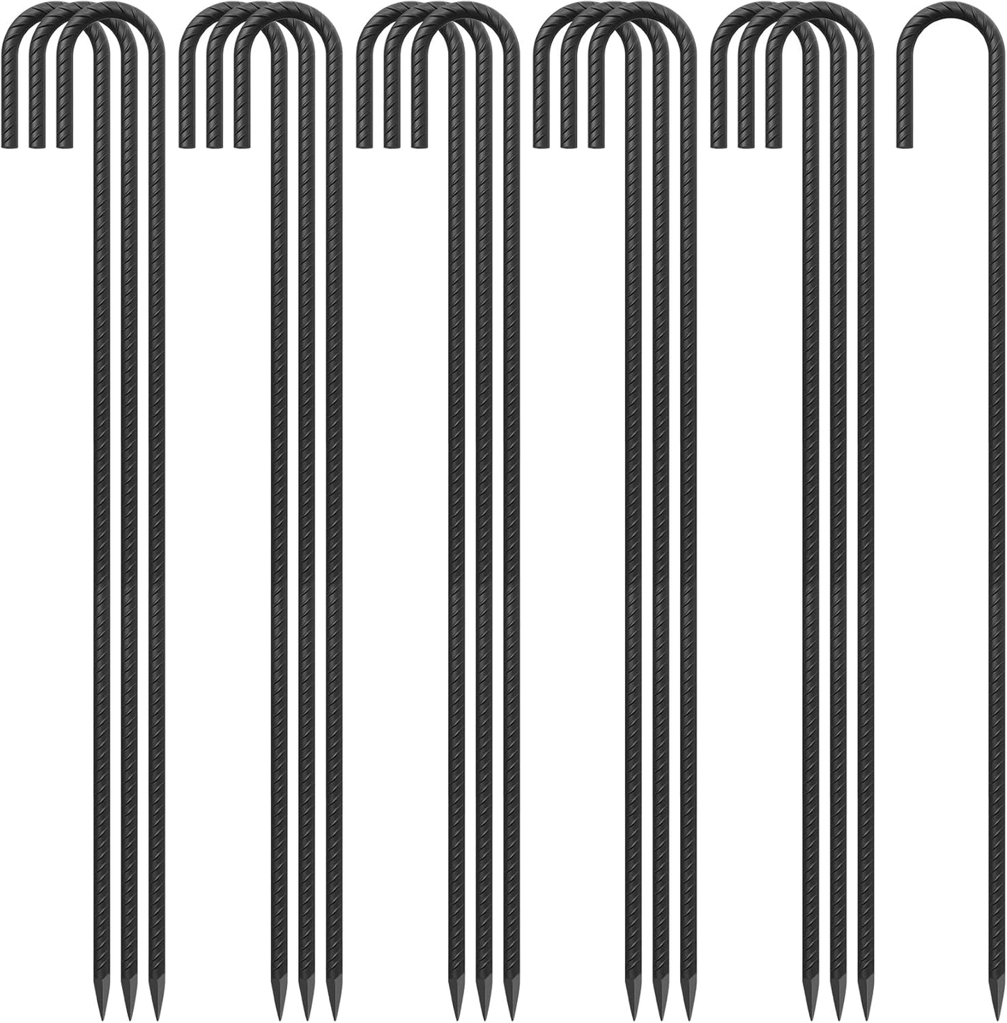 J Hook Rebar Stakes 36 Inch 3/8 Inch Diameter Steel Tent Stakes Heavy Duty Chain Link Fence Stakes Trampoline Stakes with Chisel Point End Metal Stakes for Ground, Canopy Swing Set, Black (16 Pcs)