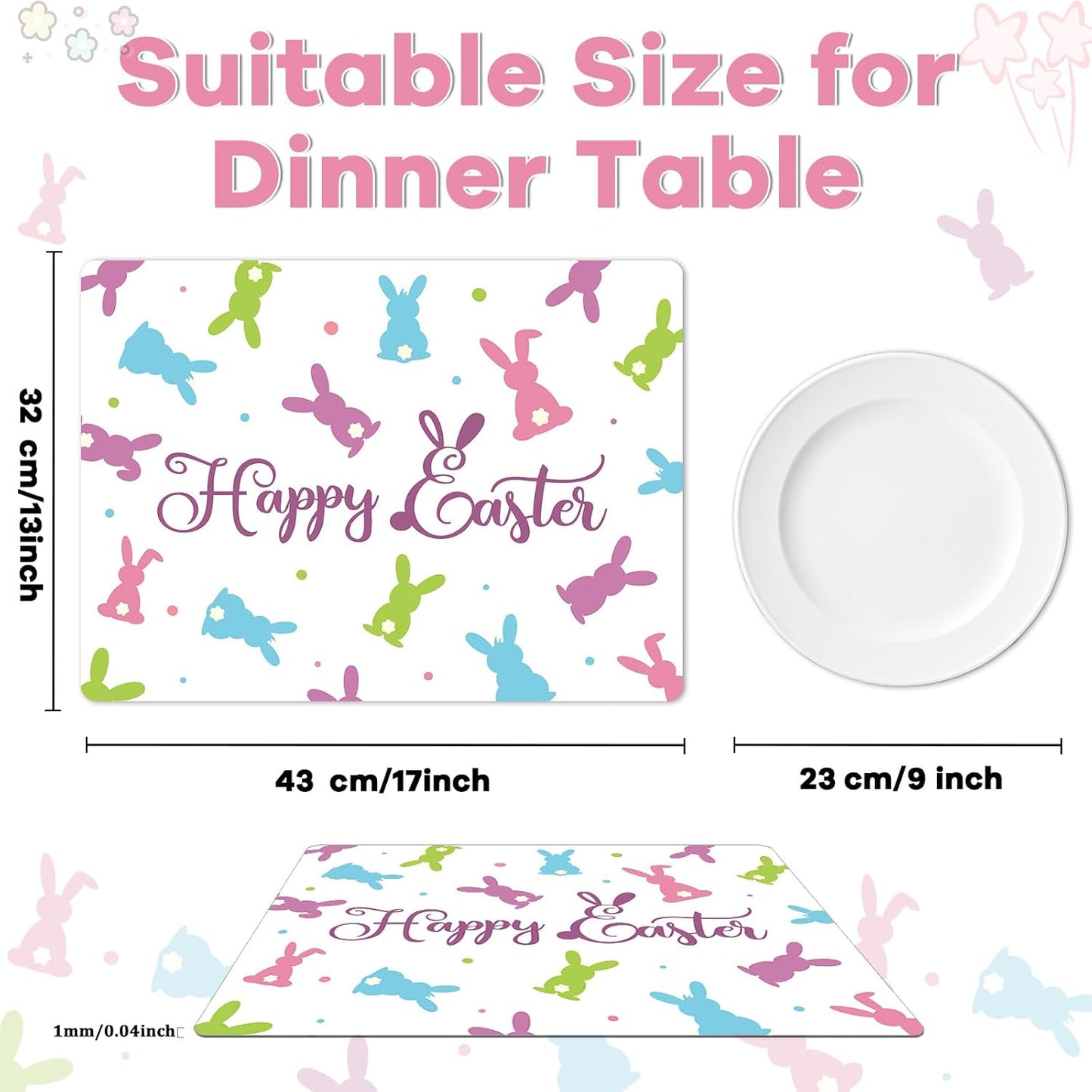 Easter Placemats Set of 6 Easter Rabbit Eggs Plastic Table Mats Easter Bunny Rabbit Place Mats Rustic Vintage Spring Seasonal Table Decoration for Indoor Outdoor Party Kitchen Dining Table