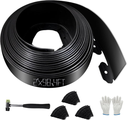 No Dig Landscape Edging 2" x 98.4FT Kit, Plastic Edging for Landscaping with 300 Spikes, for Garden, Lawn, Flower Beds and Yard, Black