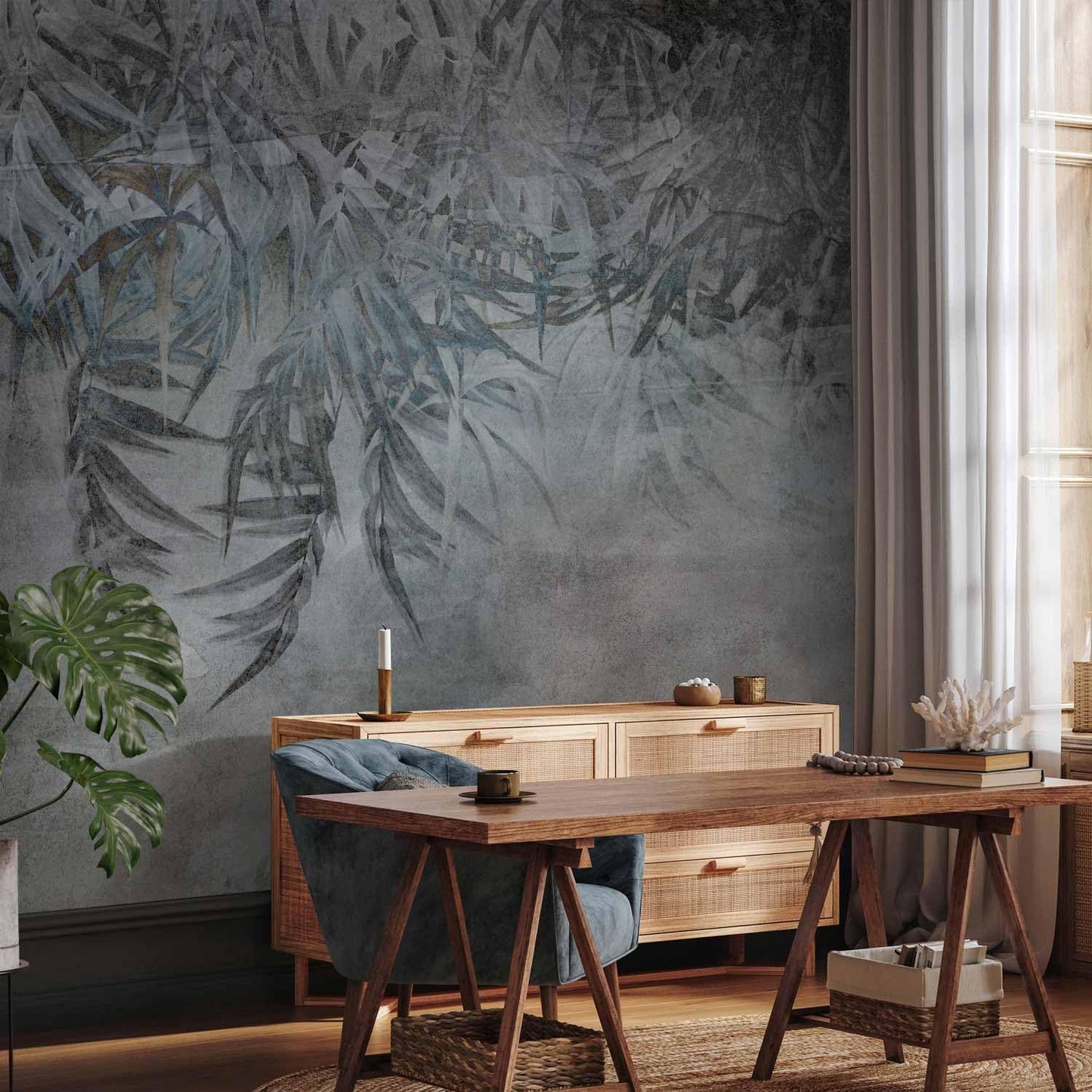 artgeist Wall Mural Leaves 79x55 in - XXL Non-Woven Wallpaper Fleece Wall Decor Photo Print Picture Image Design Palm Leaves Concrete Nature Grey b-C-10103-a-a