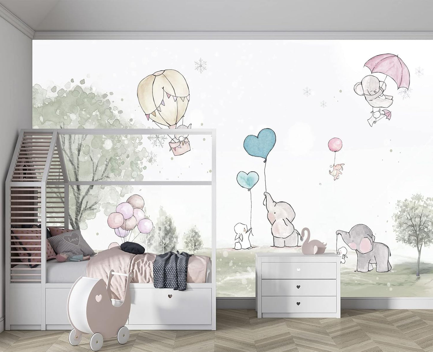 Cartoon Elephant Rabbit Balloon Nursery Wall Mural Wallpaper 103" x 69"